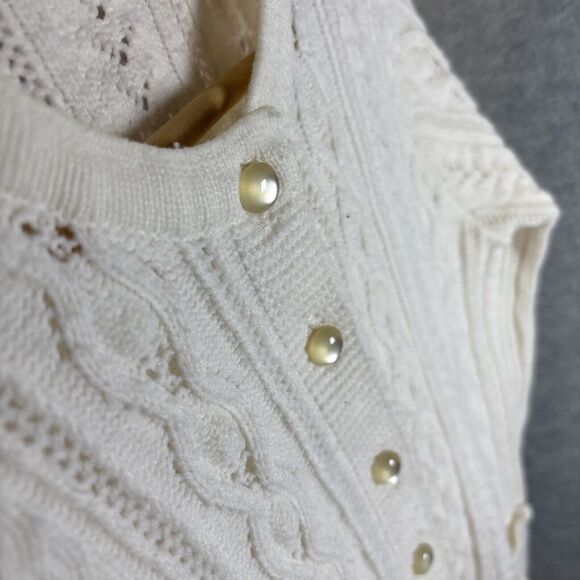 True Vintage 60s Tunic Sweater S White Cream Cable Knit Cardigan Pockets Cottage - Picture 16 of 16